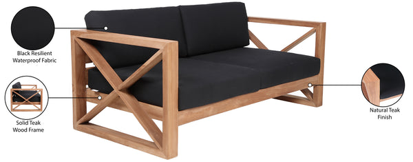 Anguilla Waterproof Fabric / Teak Wood / Foam Contemporary Black Waterproof Fabric Outdoor Loveseat - 65" W x 33.5" D x 25" H
