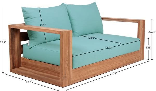 Tulum Waterproof Fabric / Teak Wood / Foam Contemporary Blue Waterproof Fabric Outdoor Loveseat - 63" W x 33.5" D x 22.5" H
