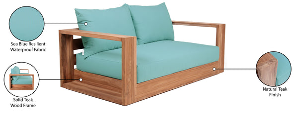 Tulum Waterproof Fabric / Teak Wood / Foam Contemporary Blue Waterproof Fabric Outdoor Loveseat - 63" W x 33.5" D x 22.5" H