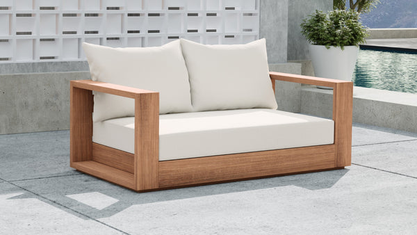 Tulum Waterproof Fabric / Teak Wood / Foam Contemporary Off White Waterproof Fabric Outdoor Loveseat - 63" W x 33.5" D x 22.5" H