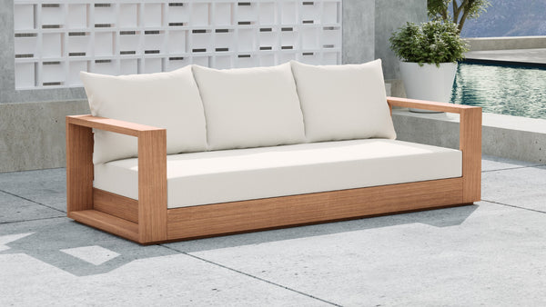 Tulum Waterproof Fabric / Teak Wood / Foam Contemporary Off White Waterproof Fabric Outdoor Sofa - 87" W x 33.5" D x 22.5" H