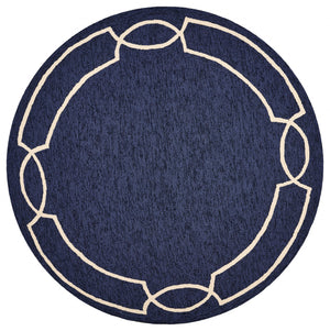 7' Ocean Blue Hand Hooked UV Treated Bordered Round Indoor Outdoor Area Rug