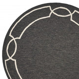 7' Onyx Black Hand Hooked UV Treated Bordered Round Indoor Outdoor Area Rug