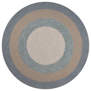 7' Spa Blue Beige Hand Hooked UV Treated Bordered Round Indoor Outdoor Area Rug