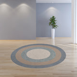 7' Spa Blue Beige Hand Hooked UV Treated Bordered Round Indoor Outdoor Area Rug