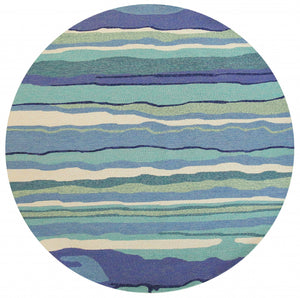 HomeRoots 8' Ocean Blue Hand Hooked Uv Treated Abstract Waves Round Indoor Outdoor Area Rug 354123-HOMEROOTS 354123