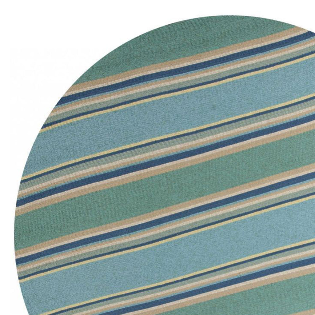 8' Ocean Blue Hand Hooked UV Treated Awning Stripes Round Indoor Outdoor Area Rug