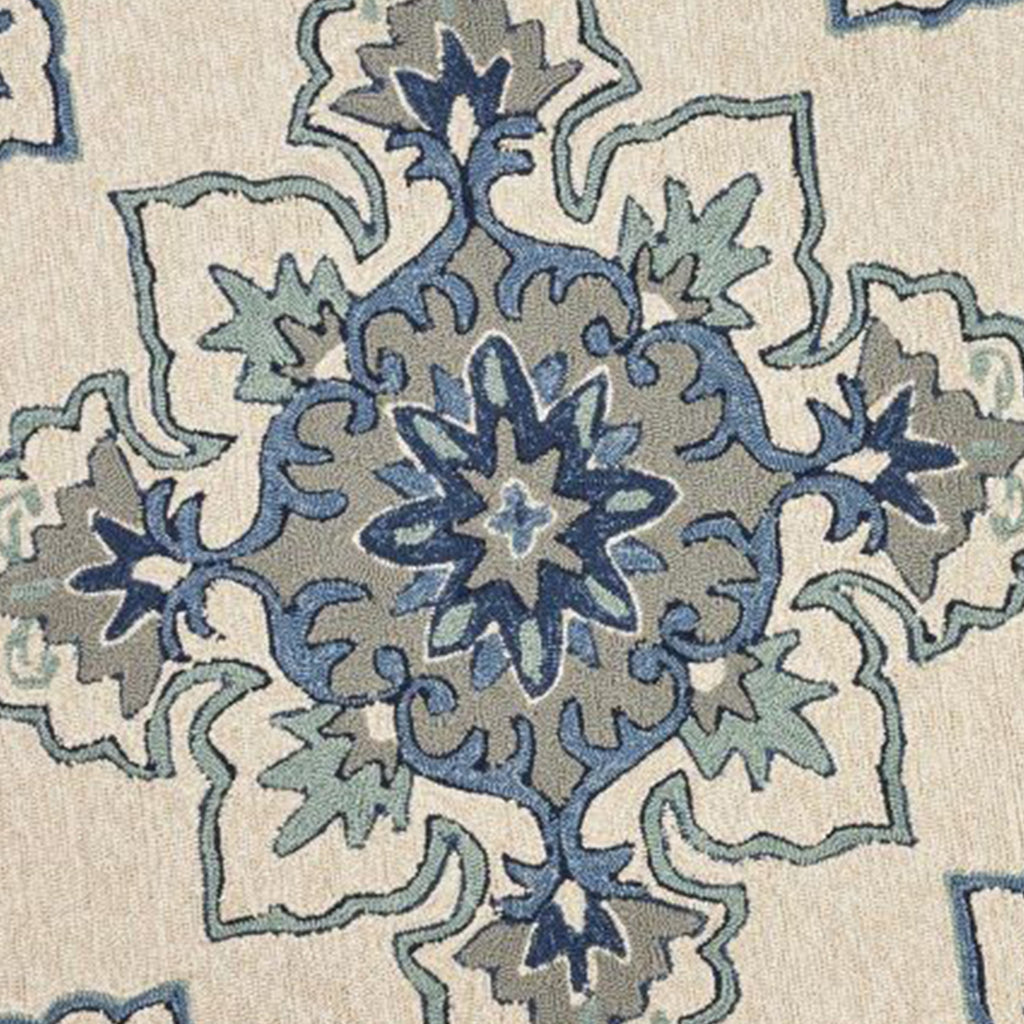 8' Ivory Blue Hand Hooked UV Treated Floral Medallion Round Indoor Outdoor Area Rug