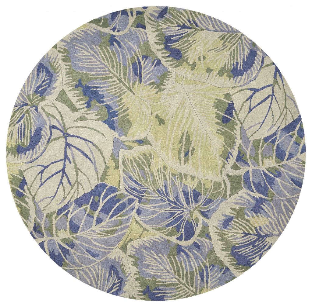 6' Blue Green Hand Tufted Tropical Leaves Round Indoor Area Rug