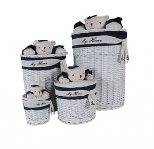 HomeRoots 17.5" X 17.5" X 28" White blue Oval willow bear Design basket Set Of 4 364164 4512839555539