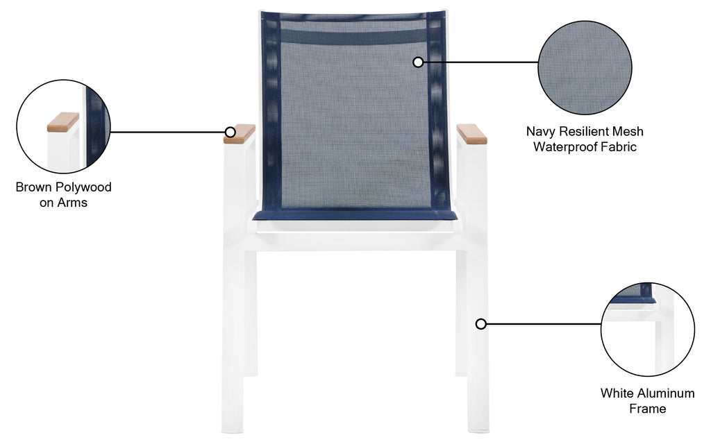 Nizuc Waterproof Mesh Fabric / Aluminum / Plastic Contemporary Navy Mesh Waterproof Fabric Outdoor Patio Aluminum Mesh Dining Arm Chair - 23" W x 26" D x 35" H