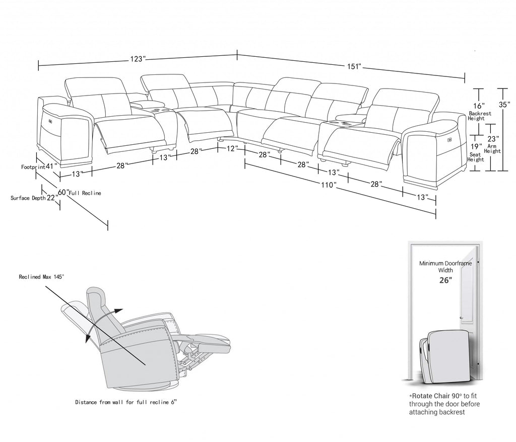 154" X 200" X 162.2" White Power Reclining 8PC Sectional