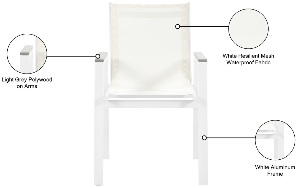 Nizuc Waterproof Mesh Fabric / Aluminum / Plastic Contemporary White Mesh Waterproof Fabric Outdoor Patio Aluminum Mesh Dining Arm Chair - 23" W x 26" D x 35" H
