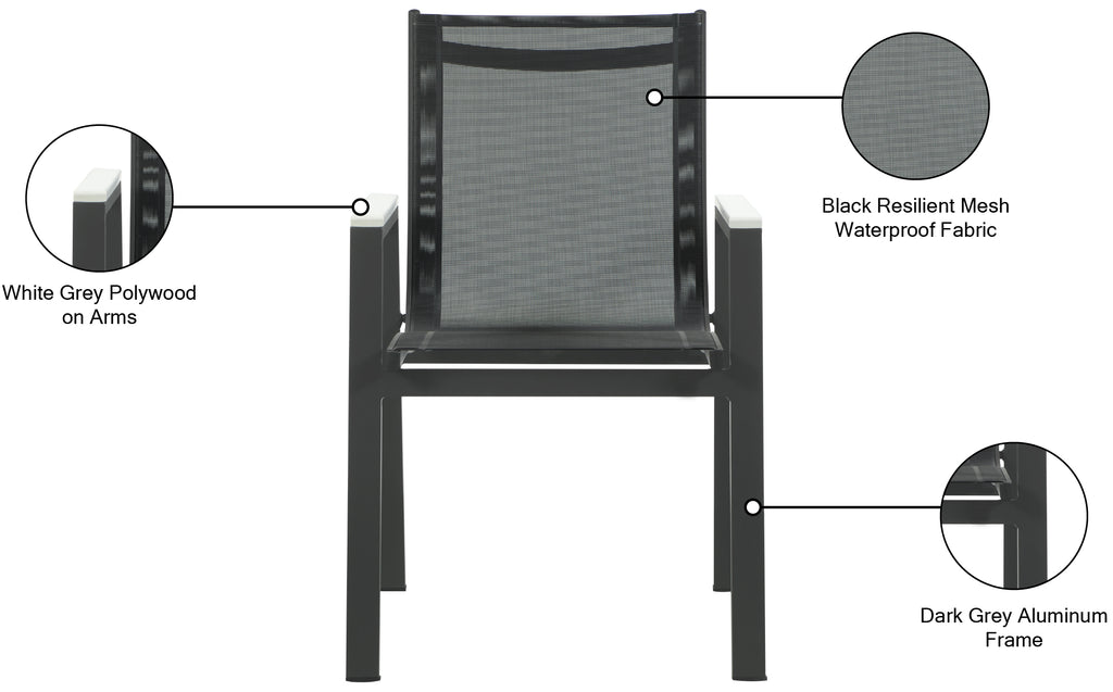 Nizuc Waterproof Mesh Fabric / Aluminum / Plastic Contemporary Black Mesh Waterproof Fabric Outdoor Patio Aluminum Mesh Dining Arm Chair - 23" W x 26" D x 35" H