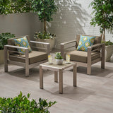 Noble House Cape Coral Outdoor 2 Seater  Club Chair and Table Set, Silver and Khaki