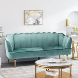 Reitz Modern Glam Velvet Channel Stitch 3 Seater Shell Sofa, Turquoise and Gold   Noble House