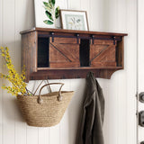 HomeRoots Rustic Wooden Shelf With Barn Door Storage And Hooks 370380-HOMEROOTS 370380