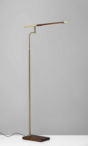 Thin Silhouette Adjustable LED Floor Lamp with Walnut Wood Finish and Antique Brass Accents