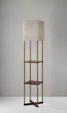 Floor Lamp with Antique Brass Poles and Walnut Wood Finish Storage Shelves with Two USB Ports