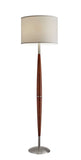 Elliptical Shape Walnut Wood Finish Floor Lamp with Satin Steel Accents and White Fabric Drum Shade