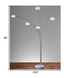 Brushed Steel Adjustable Arc Floor Lamp with Five Lights and White Milk Glass Shades