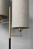 Two Light Floor Lamp Antique Brass Metal Tripod Base with Matte Black Accent and Tall Natural Fabric Shade