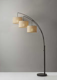 Three Light Bronze Metal Finish Arc Floor Lamp with Suspended Burlap Drum Shades