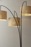 Three Light Bronze Metal Finish Arc Floor Lamp with Suspended Burlap Drum Shades