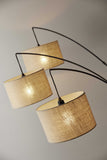 Three Light Bronze Metal Finish Arc Floor Lamp with Suspended Burlap Drum Shades