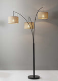 Three Light Bronze Metal Finish Arc Floor Lamp with Suspended Burlap Drum Shades