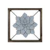 Pale Blue Metal Flower in Walnut Finish Frame