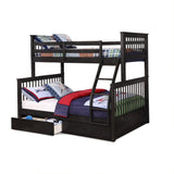 Contemporary Charcoal Black Finish Twin over Full Bunk Bed with Storage