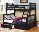 Contemporary Charcoal Black Finish Twin over Full Bunk Bed with Storage