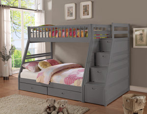 Gray Finish Twin over Twin Staircase Bunk Bed with Trundle and Storage