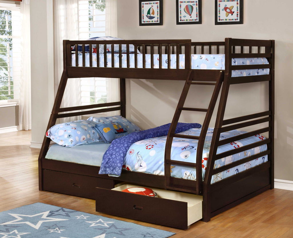 Contemporary Brown Finish Twin over Full Bunk Bed with Storage