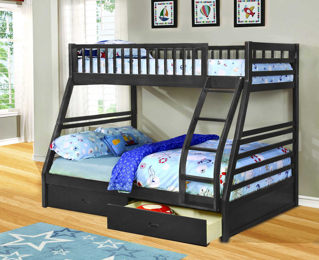 Contemporary Dark Gray Finish Twin over Full Bunk Bed with Storage