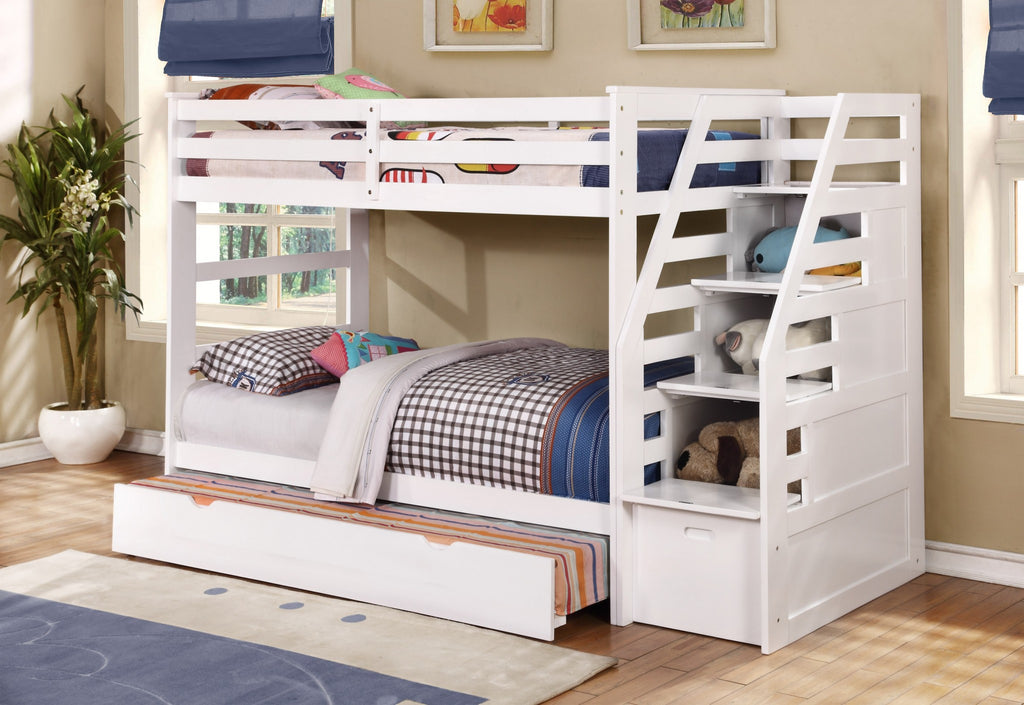 White Finish Twin over Twin Staircase Bunk Bed with Trundle and Storage