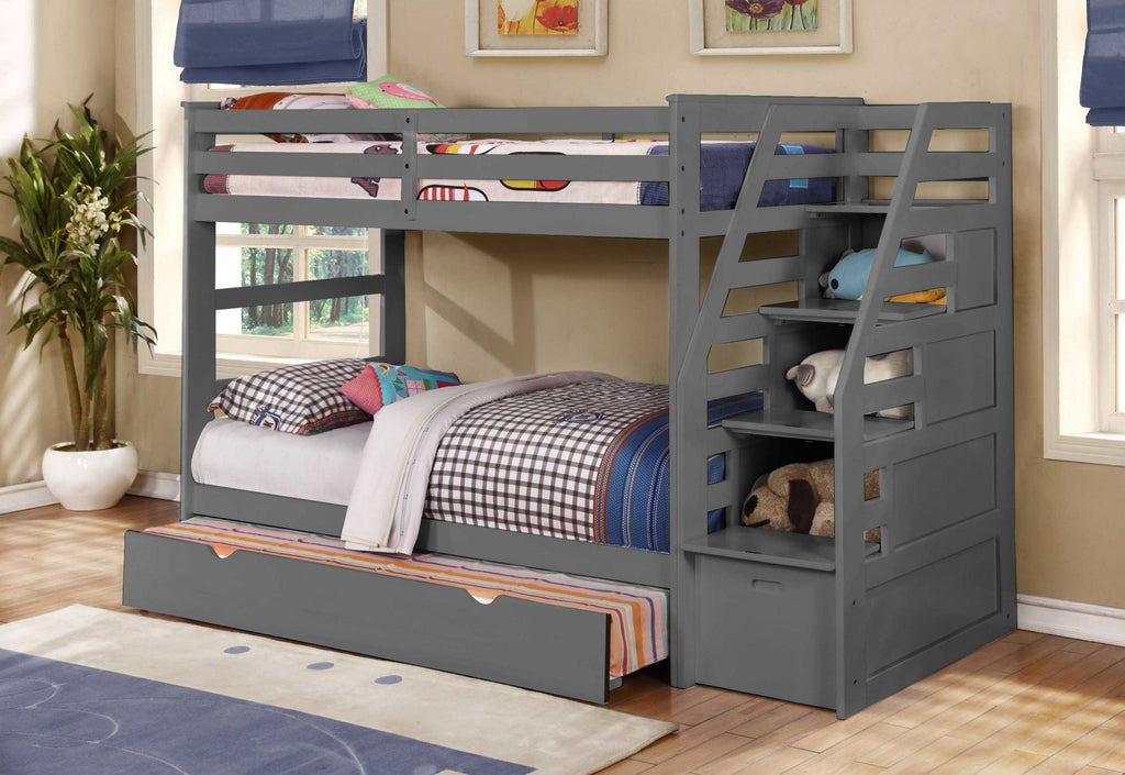 Gray Finish Twin over Twin Staircase Bunk Bed with Trundle and Storage