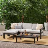 Santa Ana Outdoor 3 Seater Acacia Wood Sofa Sectional with Cushions, Dark Gray and Light Gray Noble House