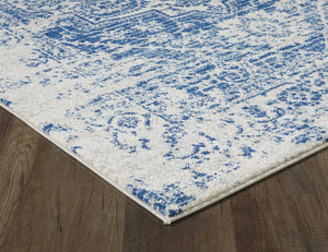 7' Ivory Blue Machine Woven Distressed Medallion Indoor Runner Rug