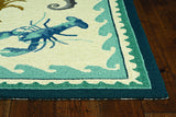 2'x3' Ivory Teal Hand Hooked UV Treated Bordered Coastal Sea Life Indoor Outdoor Accent Rug