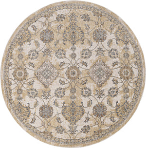 HomeRoots 9' Ivory Sand Machine Woven Bordered Floral Vines Round Indoor Area Rug 375268-HOMEROOTS 375268