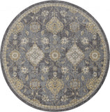9' Slate Grey Machine Woven Bordered Floral Vines Round Indoor Area Rug