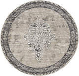 7' Sand Charcoal Machine Woven Distressed Traditional Round Area Rug