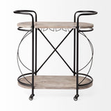 HomeRoots Cyclider Black Metal With Two Wooden Shelves Bar Cart 376019-HOMEROOTS 376019
