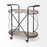 HomeRoots Cyclider Black Metal With Two Wooden Shelves Bar Cart 376019-HOMEROOTS 376019