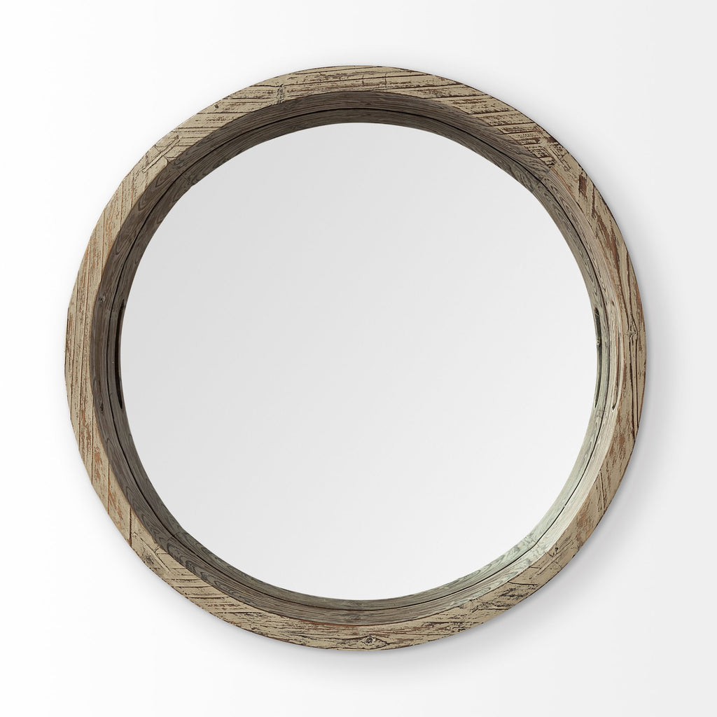 HomeRoots 20" Round Natural Finish Wood Mirrored Glass Bottom Tray 376022-HOMEROOTS 376022