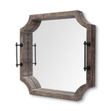 HomeRoots Rustic Antique Wash Finish Wood With Mirrored Glass Bottom And Metal Handle Tray 376024-HOMEROOTS 376024