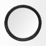 HomeRoots 21" Matte Black Wood With Bead Mirrored Glass Bottom Round Tray 376030-HOMEROOTS 376030