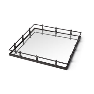 HomeRoots Natural Finish Metal With Mirrored Glass Bottom And Railing Handle Tray 376036-HOMEROOTS 376036